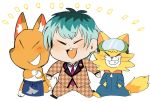  animal_crossing anthro apron blush canid canine clothing crazy_redd domestic_cat felid feline felis fox grin hair hands_in_pockets human hyaku_(artist) jumpsuit male mammal necktie nintendo pockets simple_background smile spitz_(warioware) suit teal_hair unknown_character video_games walking warioware 