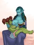  3_toes blizzard_entertainment blue_body blue_hair blue_nipples blue_skin blush braided_hair breastfeeding brown_hair clothing diaper diaper_only duo ear_piercing ear_ring female female/female goblin green_body green_eyes green_skin hair hi_res humanoid humanoid_pointy_ears infantilism iri-neko nipple_fetish nipple_play nipples orange_eyes piercing pigtails pink_nipples robe toes troll tusks video_games warcraft 