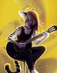  2020 anthro breasts cleavage clothed clothing felid feline female fully_clothed gabriela_(greenlinzerd) greenlinzerd guitar hair hi_res leopardus long_hair mammal musical_instrument ocelot playing_guitar playing_music plucked_string_instrument red_hair shirt signature simple_background sitting solo story story_in_description string_instrument tank_top topwear yellow_background yellow_eyes yellow_theme 