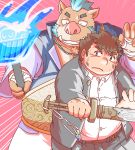  2020 anthro belly bottomwear brown_body brown_fur chubby_protagonist_(tas) clothing duo fur gouryou human humanoid_hands kemono magic male mammal melee_weapon misterdonn overweight overweight_male pants protagonist_(tas) suid suina sus_(pig) sword tokyo_afterschool_summoners video_games weapon wild_boar 