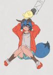  1girl :&lt; animal_ears animal_hat arms_up bangs black_gloves blue_eyes blue_hair brand_new_animal closed_mouth dot_nose eyebrows_visible_through_hair floppy_ears frown full_body furrowed_eyebrows furry gloves grey_background hair_between_eyes hands_on_own_head hat jacket kagemori_michiru knees_together_feet_apart knees_up long_sleeves looking_up multicolored_hair ogami_shirou open_clothes open_jacket out_of_frame popped_collar raccoon_tail red_jacket roku_(tsua-kihuyu) shirt shoe_soles shoes short_hair shorts simple_background sitting sneakers solo_focus sweat tail two-tone_hair yellow_headwear 