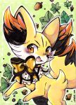  ambiguous_gender bow canid canine fangs fennekin feral food fruit fur inner_ear_fluff leaf mammal nintendo nut_(fruit) open_mouth plant pok&eacute;mon pok&eacute;mon_(species) quadruped signature solo traditional_media_(artwork) tuft video_games xxmioxx yellow_body yellow_fur 