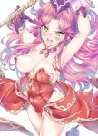  1girl :d absurdres angela_(seiken_densetsu_3) armpits arms_up bangs bare_shoulders blush breasts cleavage covered_navel earrings gloves green_eyes high_heels highres jewelry large_breasts leotard long_hair looking_at_viewer niko_(tama) open_mouth pointy_ears purple_hair red_leotard seiken_densetsu seiken_densetsu_3 simple_background smile solo staff strapless strapless_leotard upper_teeth very_long_hair white_background 