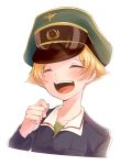 1girl blonde_hair blue_jacket commentary cropped_torso erwin_(girls_und_panzer) facing_viewer girls_und_panzer goggles goggles_on_headwear green_headwear green_shirt hat highres jacket jimanaka_(yukinosingun) laughing long_sleeves military military_hat military_uniform ooarai_military_uniform open_mouth peaked_cap pointy_hair shirt short_hair simple_background smile solo uniform upper_body white_background 