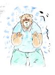  anthro belly bottomwear brown_body brown_fur clothing fur hi_res humanoid_hands japanese_text kemono male mammal pants shirt slightly_chubby solo suishou0602 text topwear ursid 