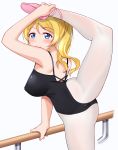  1girl absurdres ayase_eli balance_bar black_leotard blonde_hair blue_eyes cameltoe commentary_request contortion cowboy_shot flexible gymnast_leotard highres horizontal_bar leg_up leotard long_hair looking_at_viewer love_live! love_live!_school_idol_project mobukichi pink_footwear ponytail simple_background solo standing standing_on_one_leg twisted_torso white_background white_legwear 