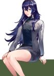  1girl ameno_(a_meno0) bangs black_shirt black_skirt blue_eyes blue_hair closed_mouth fire_emblem fire_emblem_awakening floating_hair green_background grey_jacket hair_between_eyes hairband hand_on_own_knee invisible_chair jacket long_hair long_sleeves looking_at_viewer lucina_(fire_emblem) miniskirt open_clothes open_jacket pencil_skirt shiny shiny_hair shirt sitting skirt smile solo two-tone_background very_long_hair white_background yellow_hairband 