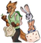  2018 anthro brown_body brown_fur canid canine carrot_pen clothed clothing disney duo fox fully_clothed fur grey_body grey_fur holding_object iji judy_hopps lagomorph leporid luggage mammal nick_wilde open_mouth open_smile rabbit red_fox shirt simple_background smile topwear white_background zootopia 