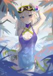  1girl aa-12_(girls_frontline) armpits bangs bikini blonde_hair blue_eyes blush bracelet breasts cleavage commentary fataaa girls_frontline goggles goggles_on_head highres jewelry long_hair palm_tree parted_lips see-through solo swimsuit tree wet white_bikini 