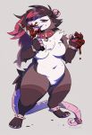  anthro blood bodily_fluids breasts didelphid digital_media_(artwork) ear_piercing facial_piercing female fur gauged_ear hair knife licking_object mammal marsupial murkbone nose_piercing open_mouth pawpads paws piercing red_eyes septum_piercing simple_background slightly_chubby solo standing teeth tongue tongue_out 
