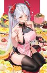  1girl antenna_hair apron azur_lane bangs bare_shoulders black_legwear blush breasts collarbone commentary_request covered_navel duan_henglong eyebrows_visible_through_hair finger_licking food garter_straps hair_between_eyes headgear heart highres iron_cross large_breasts licking long_hair looking_at_viewer mole mole_on_breast multicolored_hair orange_eyes pink_apron prinz_eugen_(azur_lane) red_hair sideboob silver_hair sitting sleeveless solo streaked_hair sweets swept_bangs thighhighs thighs two_side_up very_long_hair 