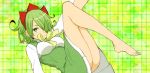  1girl akame_ga_kill! barefoot breasts closed_mouth dress genderswap genderswap_(mtf) green_background green_dress green_eyes green_hair hair_ornament hair_over_one_eye koroni_(nkrgs) layered_dress looking_at_viewer lubbock medium_breasts neck_ribbon pleated_dress ribbon shiny shiny_hair short_dress short_hair smile white_dress yellow_ribbon 