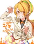  1girl bangs black_shirt blazer blonde_hair blush floating_hair grin high_ponytail highlights jacket jyon long_hair long_sleeves looking_at_viewer multicolored_hair nikaidou_saki orange_eyes shiny shiny_hair shirt simple_background smile solo swept_bangs upper_body v-shaped_eyebrows very_long_hair white_background white_jacket zombie_land_saga 