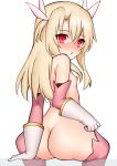  1girl ass back bangs blonde_hair blush breasts fate/kaleid_liner_prisma_illya fate_(series) feathers gloves hair_between_eyes hair_feathers illyasviel_von_einzbern long_hair looking_at_viewer looking_back nipples no_panties open_mouth pink_feathers pink_legwear pink_sleeves prisma_illya red_eyes simple_background sitting small_breasts solo thighhighs topless toshishikisai white_background white_gloves 