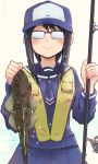  1girl absurdres amasuzume baseball_cap black_hair blush commentary_request fish fishing_rod flathead glasses hat highres houkago_teibou_nisshi oono_makoto sailor_collar school_uniform simple_background solo sparkle uniform white_background 