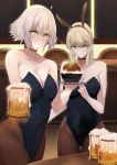  2girls absurdres ahoge alcohol animal_ears artoria_pendragon_(all) bangs bar beer beer_mug blonde_hair blu_(1712) breasts bunny_ears bunny_girl bunnysuit commentary_request cup fate/grand_order fate_(series) food highres holding holding_drink holding_food huge_filesize jeanne_d&#039;arc_(alter)_(fate) jeanne_d&#039;arc_(fate)_(all) large_breasts leotard mug multiple_girls pantyhose saber saber_alter short_hair sidelocks silver_hair tsurime yellow_eyes 