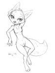  2019 anthro arctic_fox breasts canid canine chest_tuft crotch_tuft disney featureless_breasts female fox fur head_tuft looking_at_viewer mammal monochrome qrog simple_background sitting skye_(zootopia) solo tuft white_background zootopia 