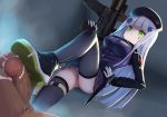  1girl assault_rifle beret black_legwear blue_hair boots censored cum footjob girls_frontline gloves green_eyes gun h&amp;k_hk416 handgun hat heckler_&amp;_koch highres hk416_(girls_frontline) konboi-eg long_hair looking_down magazine_(weapon) mosaic_censoring pistol pleated_skirt rifle shoejob shoes skirt solo_focus thighhighs underwear weapon 