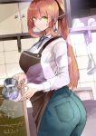  1girl absurdres apron ass breasts brown_apron brown_hair cafe closed_mouth collared_shirt denim girls_frontline green_eyes highres indoors jeans kitchen kyoyakyo large_breasts long_hair m1903_springfield_(girls_frontline) pants ponytail shirt sidelocks solo tied_hair twisted_torso washing_dishes white_shirt 