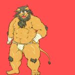  1:1 anthro asian_clothing belly bulge clothing east_asian_clothing felid fundoshi hi_res humanoid_hands japanese_clothing kemono lion male mammal moobs musclegut nipples overweight overweight_male pantherine red_background simple_background solo suishou0602 tongue tongue_out underwear 