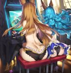  2girls animal_ears arcade_cabinet ass back backless_outfit black_footwear black_panties blue_hair boots bridal_gauntlets bunny_ears butt_crack c.x.c erune ferry_(granblue_fantasy) granblue_fantasy granblue_fantasy_versus highres jewelry long_hair metera_(granblue_fantasy) multiple_girls panties pantyshot playing_games single_earring sitting thigh_boots thighhighs underwear wavy_hair 