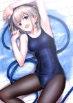  1girl :d absurdres arm_above_head armpits bare_shoulders black_legwear blue_eyes blue_swimsuit blush breasts collarbone covered_navel grey_hair highres hose huge_filesize idolmaster idolmaster_shiny_colors lying on_back one-piece_swimsuit open_mouth pantyhose school_swimsuit serizawa_asahi short_hair silver_hair small_breasts smile solo swimsuit thighs tiles ulrich_(tagaragakuin) water 