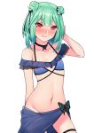  1girl aqua_hair bangs bare_shoulders bikini black_choker black_triangle_(artist) blue_bikini blue_ribbon blush choker closed_mouth collarbone contrapposto double_bun embarrassed eyebrows_visible_through_hair flat_chest full-face_blush hair_ornament hair_ribbon highres hololive looking_at_viewer navel red_eyes ribbon short_hair sidelocks simple_background skull_hair_ornament solo standing stomach swimsuit thigh_strap uruha_rushia virtual_youtuber wavy_mouth white_background 