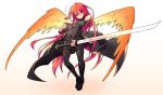  1girl ahoge blush bodysuit coat flat_chest highres katana long_hair looking_at_viewer red_eyes red_hair shakugan_no_shana shana skin_tight solo standing sword taimanin_suit th-asary800 weapon 