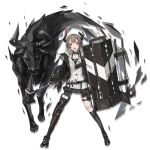  1girl arknights black_footwear black_legwear choker collarbone eyebrows_visible_through_hair full_body grey_hair holding holding_shield holding_sword holding_weapon horns kneehighs looking_at_viewer neco official_art open_mouth red_eyes shield short_hair single_kneehigh solo sword transparent_background vulcan_(arknights) weapon 