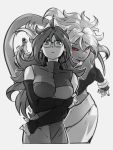  2girls android_21 black_nails black_sclera blue_eyes bracelet breasts checkered checkered_dress cleavage detached_sleeves dragon_ball dragon_ball_fighterz dress dual_persona earrings glasses greyscale hoop_earrings jewelry kemachiku long_hair looking_at_viewer majin_android_21 medium_breasts monochrome multiple_girls nail_polish red_eyes simple_background smile tail white_background 