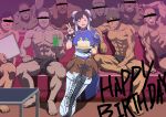 1girl 6+boys ^_^ ^o^ abs bald bangs black_hair blonde_hair boots bracelet breasts brown_legwear bulge cake censored china_dress chinese_clothes chun-li closed_eyes commentary_request couch double_bun dress drink eyebrows_visible_through_hair food grin happy_birthday highres identity_censor jewelry makinaru multiple_boys sitting smile spiked_bracelet spikes street_fighter table topless v 