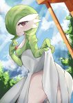  1girl absurdres blush breasts cloud cloudy_sky day dress dress_lift frown gardevoir gen_3_pokemon green_hair hair_over_one_eye highres large_breasts lingnerpoi no_humans outdoors pokemon pokemon_(creature) pussy_juice red_eyes short_hair sky solo tearing_up tree white_dress 