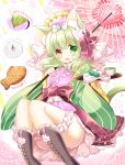  1girl :d animal_ear_fluff animal_ears bangs black_footwear blush boots bow cat_ears cat_girl cat_tail commentary_request cross-laced_footwear cup daifuku dango eyebrows_visible_through_hair flower food green_eyes green_hair green_tea hair_between_eyes hair_bow hair_flower hair_ornament heterochromia highres holding holding_tray holding_umbrella japanese_clothes kimono lace-up_boots long_hair long_sleeves looking_at_viewer open_clothes open_mouth oriental_umbrella original pink_flower pink_kimono pink_umbrella red_bow red_eyes sakura_mochi sanshoku_dango shikito smile solo tail taiyaki tea tray umbrella wagashi wide_sleeves 