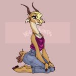  2017 antelope anthro barefoot blonde_hair bovid bracelet brown_body brown_fur clothed clothing disney female fully_clothed fur gazelle gazelle_(zootopia) hair hooves horn jewelry low_res mammal necklace simple_background solo yelnatsdraws zootopia 