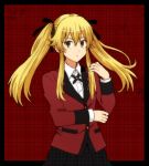  1girl bangs black_ribbon black_skirt blonde_hair brown_eyes collared_shirt dress_shirt eyebrows_visible_through_hair floating_hair hair_between_eyes hair_ribbon jacket kakegurui koroni_(nkrgs) long_hair long_sleeves looking_at_viewer miniskirt neck_ribbon plaid plaid_skirt pleated_skirt red_background red_jacket ribbon saotome_meari shiny shiny_hair shirt skirt solo standing white_shirt wing_collar 