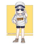  1girl alternate_costume aviator_sunglasses azur_lane baseball_cap chibi enterprise_(anniversary_ride)_(azur_lane) enterprise_(azur_lane) grey_hair hat long_hair orange_background shoes shorts sneakers solo standing storm_zero sunglasses sweatshirt white_background 