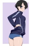  1girl ass black_hair blue_eyes buruma commentary_request hand_on_hip jacket looking_at_viewer looking_back okitsu_yuka shichimenchou shirobako short_hair simple_background solo track_jacket 