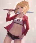  1girl aito bangs beige_background belt blonde_hair braid breasts brown_belt cleavage collarbone commentary_request denim denim_shorts eyebrows_visible_through_hair fate/grand_order fate_(series) fur_trim green_eyes highres holding holding_sword holding_weapon jacket jewelry long_hair looking_at_viewer medium_breasts mordred_(fate) mordred_(fate)_(all) navel necklace ponytail red_jacket short_shorts shorts simple_background smile solo sword weapon 