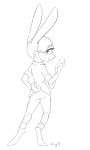  2019 anthro barefoot bottomwear butt cellphone cheek_tuft clothed clothing disney facial_tuft fully_clothed fur hi_res holding_cellphone holding_object holding_phone judy_hopps lagomorph leporid looking_back mammal monochrome pants phone qrog rabbit shirt simple_background smile solo standing topwear tuft white_background zootopia 