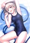  1girl :d absurdres arm_above_head armpits bare_shoulders blue_eyes blue_swimsuit blush breasts collarbone covered_navel grey_hair highres hose idolmaster idolmaster_shiny_colors lying on_back one-piece_swimsuit open_mouth school_swimsuit serizawa_asahi short_hair silver_hair small_breasts smile solo swimsuit thighs tiles ulrich_(tagaragakuin) water 