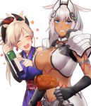  2girls animal_ears armlet asymmetrical_hair bangs black_gloves blue_eyes blue_kimono blush body_markings bottle breasts caenis_(fate) chicken_(food) cleavage clenched_teeth closed_eyes dark_skin detached_sleeves earrings elbow_gloves fate/grand_order fate_(series) faulds food gloves hair_intakes hair_ornament headpiece holding holding_bottle japanese_clothes jewelry kimono large_breasts long_hair looking_at_viewer miyamoto_musashi_(fate/grand_order) multiple_girls obi open_mouth pink_hair ponytail sash simple_background sleeveless sleeveless_kimono smile swept_bangs tattoo teeth tsuchifumazu white_background white_hair wine_bottle 