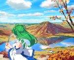  1girl autumn_leaves blue_sky cloud commentary_request day detached_sleeves frog_hair_ornament from_side gohei green_hair hair_ornament hair_tubes holding kochiya_sanae lake long_hair long_sleeves looking_away mountain outdoors reflection shirt sky snake_hair_ornament solo takuzui touhou tree upper_body white_shirt wide_sleeves 