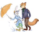  2018 boots brown_body brown_fur canid canine clothed clothing disney footwear fox fully_clothed fur green_eyes grey_body grey_fur hand_holding holding_object holding_umbrella iji judy_hopps lagomorph leporid looking_at_another mammal nick_wilde purple_eyes rabbit red_fox simple_background umbrella water white_background zootopia 