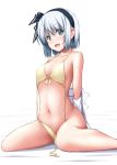  1girl :d arms_behind_back bare_arms bare_legs bare_shoulders bikini black_hairband black_ribbon breasts collarbone commentary_request feet_out_of_frame front-tie_bikini front-tie_top green_eyes hair_ribbon hairband highres konpaku_youmu looking_at_viewer navel nori_tamago open_mouth ribbon shirt short_hair side-tie_bikini silver_hair simple_background sitting small_breasts smile solo stomach swimsuit touhou untied untied_bikini wariza white_background white_shirt yellow_bikini yellow_ribbon 