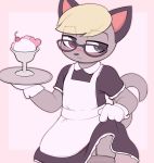  2020 absurd_res animal_crossing anthro blonde_hair clothed clothing crossdressing dessert domestic_cat felid feline felis food gloves hair half-closed_eyes handwear heterochromia hi_res holding_food holding_object ice_cream maid_uniform male mammal moozua narrowed_eyes nintendo raymond_(animal_crossing) solo translucent translucent_hair uniform video_games 