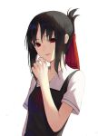  1girl 7aehyun black_hair hair_ribbon highres kaguya-sama_wa_kokurasetai_~tensai-tachi_no_renai_zunousen~ looking_at_viewer okawaii_koto red_eyes red_ribbon ribbon school_uniform shinomiya_kaguya short_hair short_sleeves simple_background smile solo upper_body white_background 