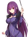  1girl bangs blush breasts cleavage closed_mouth detached_collar dress elfenlied22 fate/grand_order fate_(series) feather_trim hair_between_eyes highres holding holding_wand jewelry large_breasts long_hair long_sleeves looking_at_viewer pendant purple_dress purple_hair red_eyes scathach_(fate)_(all) scathach_skadi_(fate/grand_order) simple_background solo tiara wand white_background wide_sleeves 