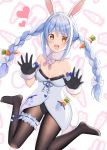  1girl :d animal_ear_fluff animal_ears bangs bare_shoulders black_gloves black_legwear black_leotard blue_hair blurry blurry_background blush bow braid breasts brown_eyes bunny_ears carrot_hair_ornament collarbone commentary_request depth_of_field detached_sleeves dress eyebrows_visible_through_hair food_themed_hair_ornament fur-trimmed_dress fur-trimmed_gloves fur_trim gloves gurande_(g-size) hair_between_eyes hair_bow hair_ornament hands_up heart highres hololive leotard long_hair looking_at_viewer multicolored_hair no_shoes open_mouth pantyhose puffy_short_sleeves puffy_sleeves round_teeth short_eyebrows short_sleeves sidelocks sitting small_breasts smile solo strapless strapless_dress strapless_leotard teeth thick_eyebrows twin_braids twintails two-tone_hair upper_teeth usada_pekora very_long_hair virtual_youtuber wariza white_background white_bow white_dress white_hair white_sleeves 