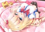  1girl :d akai_haato bed bed_sheet black_legwear blonde_hair blue_eyes breasts haaton_(haato_channel) hair_ornament heart heart_hair_ornament hololive knees_up large_breasts looking_at_viewer lying on_back open_mouth perspective school_uniform shishou_(doragyurosu) skirt smile solo thighhighs virtual_youtuber 