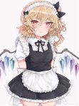  1girl alternate_costume apron arms_behind_back back_bow bangs black_bow black_dress black_ribbon blonde_hair blush bow collared_shirt cowboy_shot crystal dress enmaided flandre_scarlet frilled_apron frilled_dress frilled_shirt_collar frills hair_between_eyes hair_bow highres long_hair looking_at_viewer maid maid_apron maid_headdress neck_ribbon one_side_up pleated_dress pointy_ears puffy_short_sleeves puffy_sleeves red_eyes ribbon shirt short_sleeves skindentation solo symbol_commentary thighhighs touhou waist_apron white_apron white_bow white_legwear white_shirt wings yuma_(yuuma_pants) zettai_ryouiki 